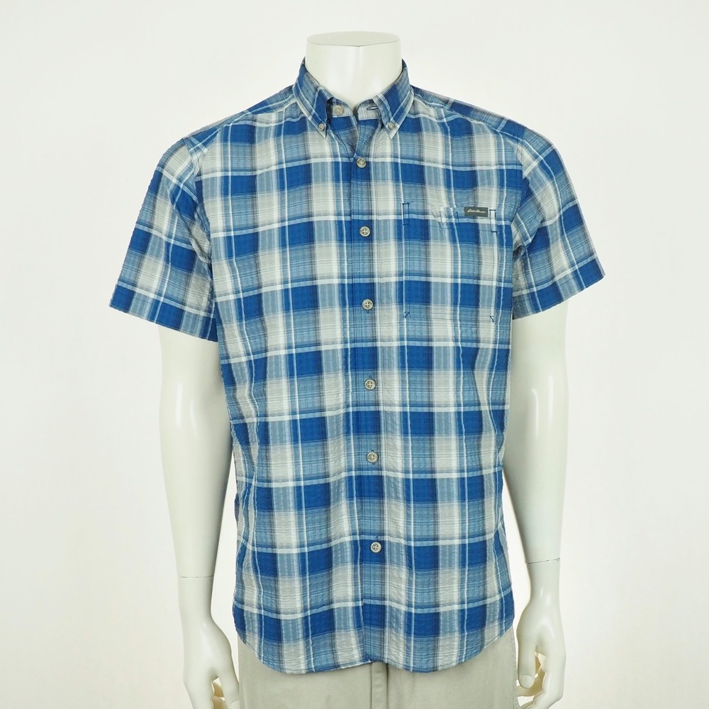 Eddie Bauer Pack It Tech Seersucker Button Down Shirt Mens Medium Blue Hiking
